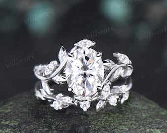 2ct oval cut moissanite engagement ring 14k white gold leaf nature inspired unique cluster diamond bridal wedding ring set women jewelry