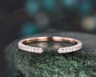 Open gap diamond wedding band solid 14k rose gold half eternity stacking matching dainty anniversary ring women