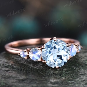 Unique vintage round cut aquamarine engagement ring minimalist five stone moonstone ring for women 18k rose gold silver anniversary ring
