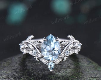 Teardrop pear aquamarine ring vintage white gold leaf nature inspired engagement ring set art deco bridal set women jewelry silver