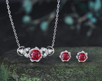 Round cut red ruby floral earrings necklace set solid 9k 14k white gold butterfly opal unique pendant women anniversary gift jewelry