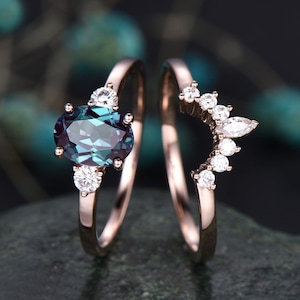 Unique vintage oval cut Alexandrite engagement ring set 14k rose gold Minimalist three stone moissanite bridal wedding ring set for women