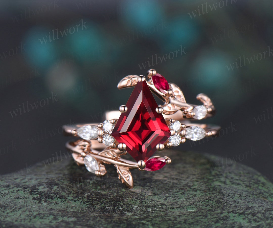 Unique Kite Cut Red Ruby Engagement Ring Twig Leaf Rose Gold Diamond ...