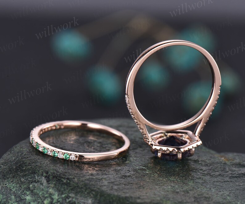 Hexagon halo diamond ring round shaped Alexandrite engagement ring set for women natural emerald wedding band jewelry unique bridal set gift