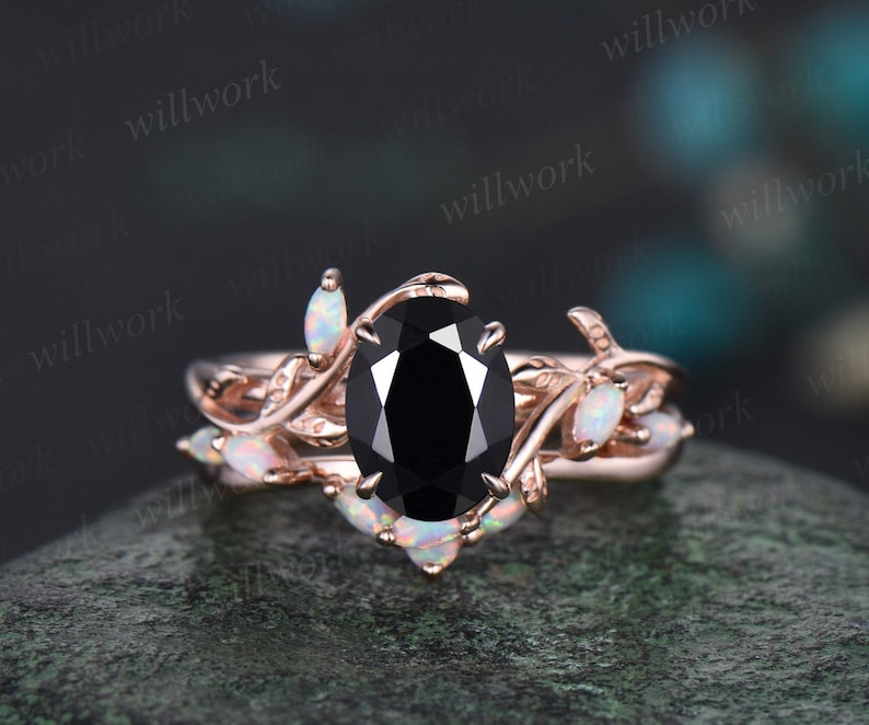 Oval cut black onyx ring vintage five stone opal ring rose gold leaf nature inspired engagement ring art deco twisted wedding ring set women 2pc ring set