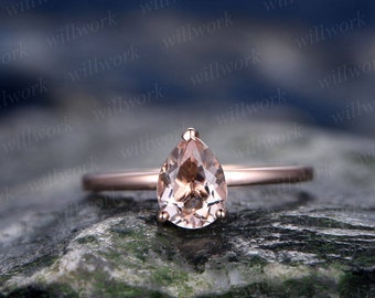 Natural pink morganite engagement ring solitaire pear morganite ring solid 14k rose gold ring women promise bridal wedding ring jewelry gift