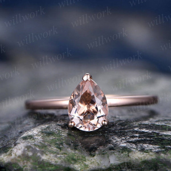 Natural pink morganite engagement ring solitaire pear morganite ring solid 14k rose gold ring women promise bridal wedding ring jewelry gift