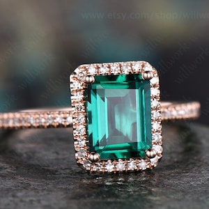 Green emerald engagement ring 14k rose gold handmade emerald ring vintage diamond halo ring stacking band bridal promise ring lab emerald