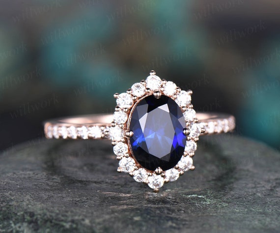 6x8mm oval cut blue sapphire engagement ring white rose gold moissanite  halo vintage for women her vintage antique bridal wedding ring band