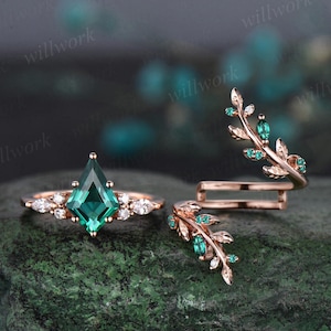 Conjunto de anéis de noivado com esmeralda verde lapidada em ouro rosa 14k, aliança de casamento com diamantes e pedras preciosas para mulheres, conjunto exclusivo para noivas