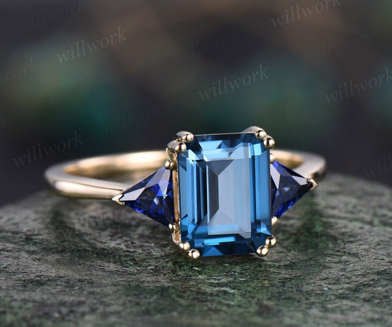 Emerald cut London blue topaz ring gold three stone Trilliant cut sapphire  ring unique engagement ring prong promise wedding ring women