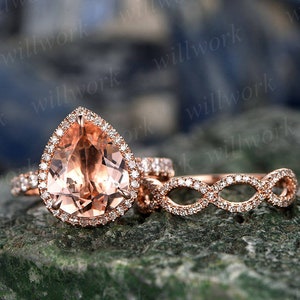 2pcs Tränen fallen morganite Verlobungsring Set 14k rose gold passende Band Diamant Halo großes Geschenk Hochzeit Braut Versprechen Ring set für Sie