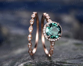 Vintage emerald engagement ring set rose gold Milgrain wedding band halo marquise diamond ring set for women unique promise ring set gift