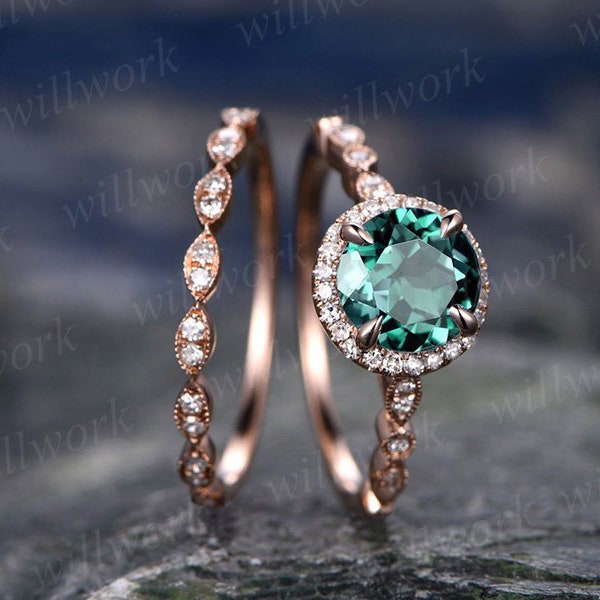 Vintage emerald engagement ring set rose gold Milgrain wedding band halo marquise diamond ring set for women unique promise ring set gift