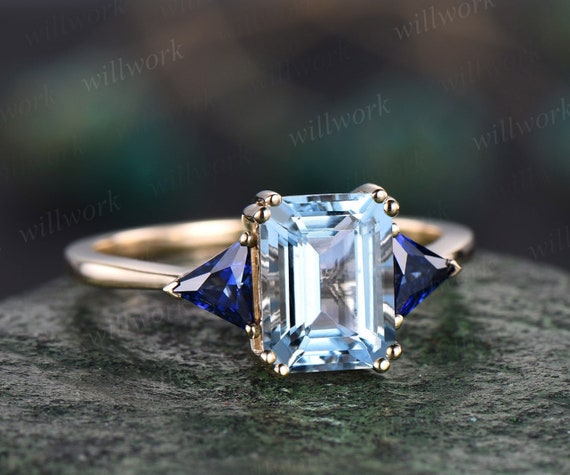 Vintage Emerald Cut Aquamarine Engagement Ring 14k Yellow Gold