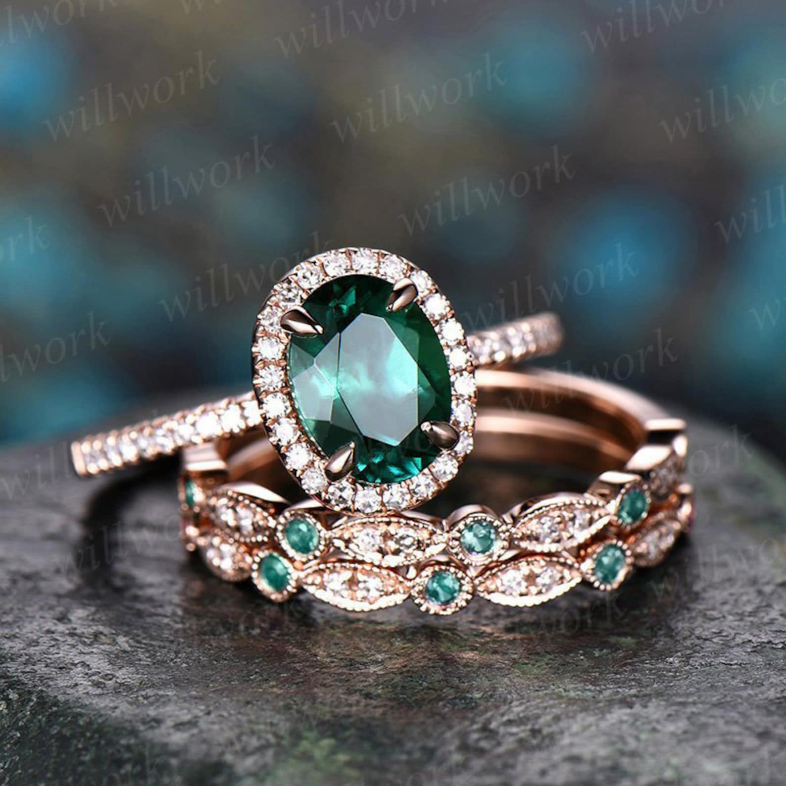 Emerald Ring Vintage Unique Oval Emerald Engagement Ring Set - Etsy