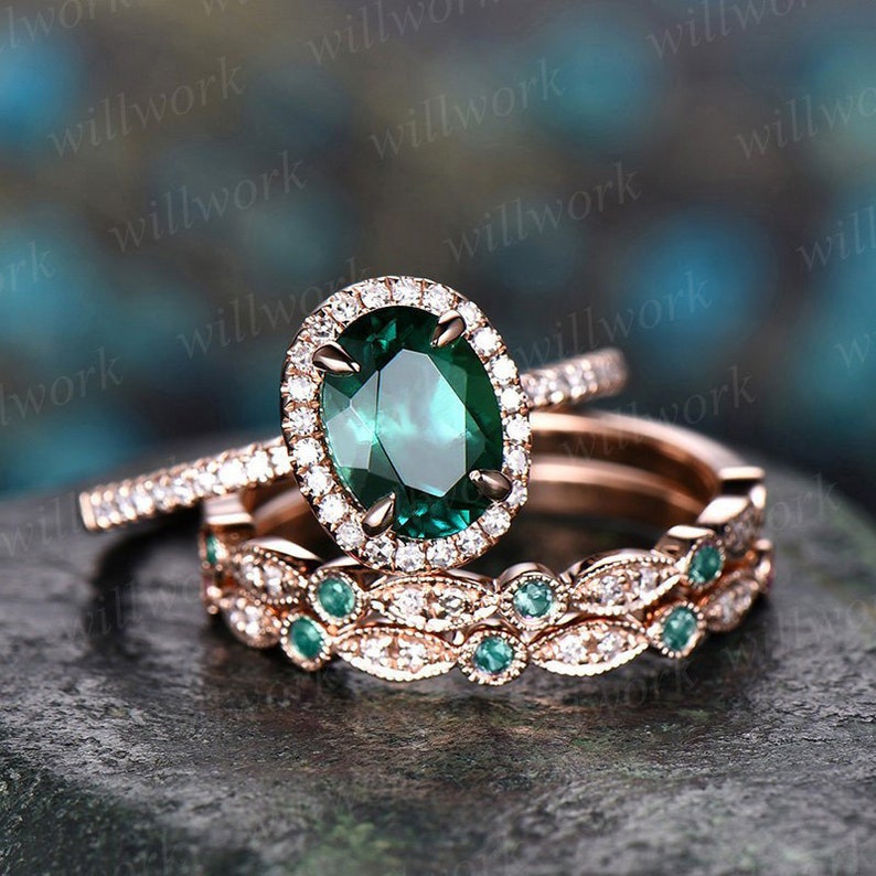 Emerald ring vintage unique oval emerald engagement ring set rose gold halo diamond ring for women marquise milgrain wedding ring set band image 2