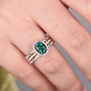 Emerald ring vintage unique oval emerald engagement ring set rose gold halo diamond ring for women marquise milgrain wedding ring set band image 4