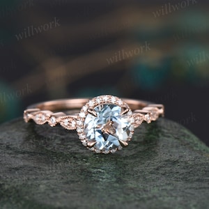Vintage Blue Aquamarine Engagement Ring Set Solid 14k Rose Gold Handmade Art Deco Arched Diamond Rng Wedding Ring Set March Birthstone Ring image 10