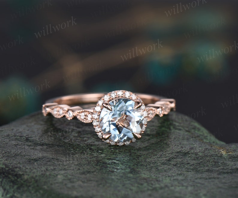 Vintage Blue Aquamarine Engagement Ring Set Solid 14k Rose Gold Handmade Art Deco Arched Diamond Rng Wedding Ring Set March Birthstone Ring image 10