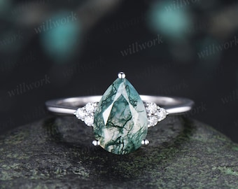 2ct teardrop pear shaped moss agate engagement ring 14k white gold 7 stone diamond dainty anniversary ring gift