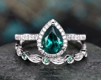 Anillo de compromiso esmeralda verde conjunto oro blanco natural esmeralda boda diamante halo anillo nupcial conjunto pera regalo apilamiento a juego anillo de promesa