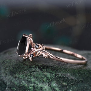 Pear black Onyx ring vintage art deco five stone black spinel ring twig leaf unique engagement ring women rose gold anniversary ring gift image 5