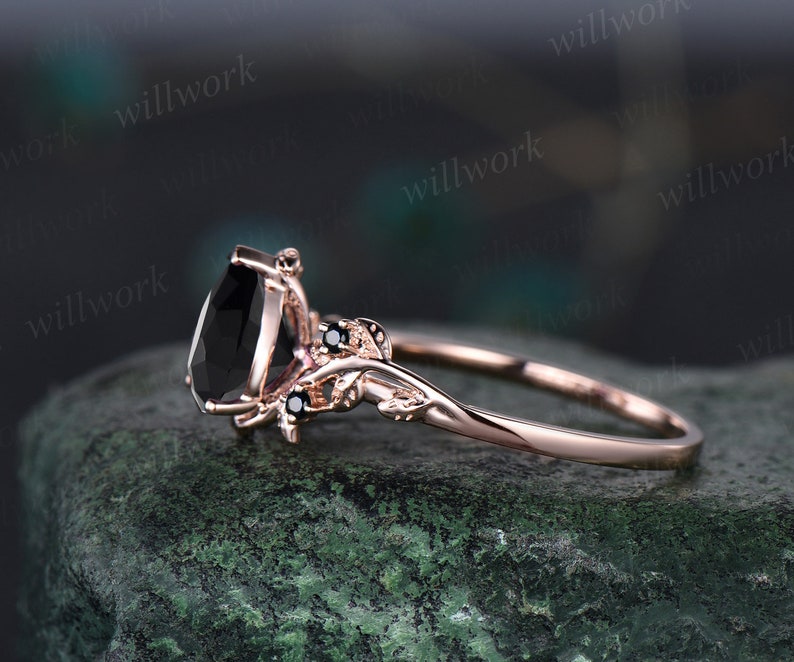 Pear black Onyx ring vintage art deco five stone black spinel ring twig leaf unique engagement ring women rose gold anniversary ring gift image 5