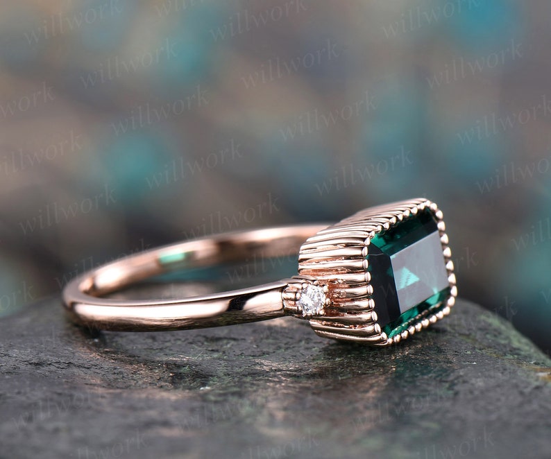 Rose gold ring green emerald ring vintage three stone ring emerald engagement ring real diamond ring emerald cut antique may birthstone ring image 3