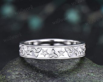 Celtic knot star mens wedding band full eternity solid 14k white gold solitaire anniversary ring gift for husband 925 sterling silver