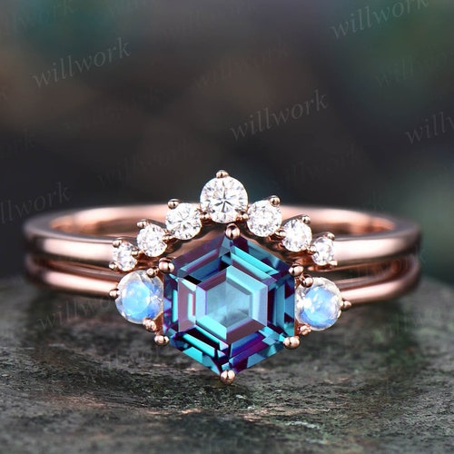 Vintage Alexandrite Engagement Ring Hexagon Cut Ring Rose Gold - Etsy