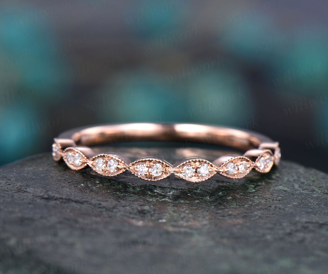 Art Deco Diamond Wedding Ring Band 14k Rose Gold Marquise Diamond ...