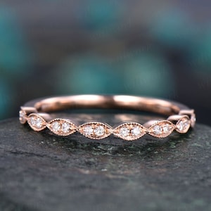 Art deco diamond wedding ring band 14k rose gold marquise diamond wedding half eternity matching stacking promise bridal ring band jewelry