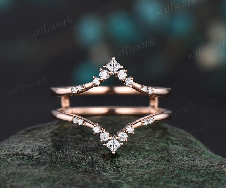 Double V curved diamond wedding band enhancer wraps solid 14k rose gold stacking matching vintage unique bridal anniversary ring women gift image 1