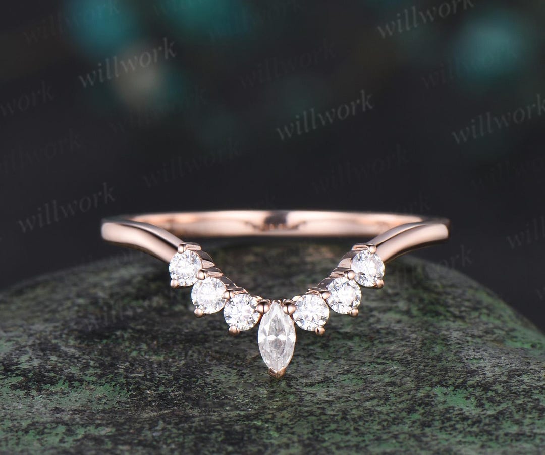 Curved Marquise Diamond Wedding Band Solid 14k Rose Gold Matching ...