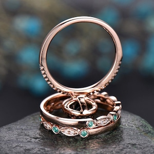 Emerald ring vintage unique oval emerald engagement ring set rose gold halo diamond ring for women marquise milgrain wedding ring set band image 5