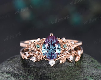 Vintage pear fireworks cut alexandrite engagement ring solid 14k rose gold leaf floral unique cluster emerald wedding ring set women