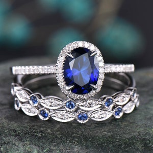 3pcs blue sapphire ring vintage sapphire engagement ring set rose gold for women diamond halo natural sapphire wedding band bridal ring set image 7