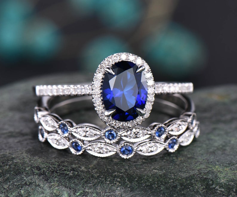 3pcs blue sapphire ring vintage sapphire engagement ring set rose gold for women diamond halo natural sapphire wedding band bridal ring set image 7