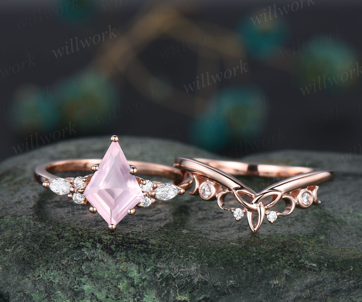 Kite Cut Rose Quartz Ring Rose Gold Unique Engagement Ring Set