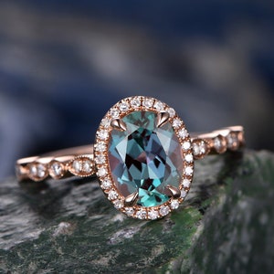 Art deco diamond halo ring oval cut alexandrite engagement ring rose gold marquise color change alexandrite June birthstone anniversary ring
