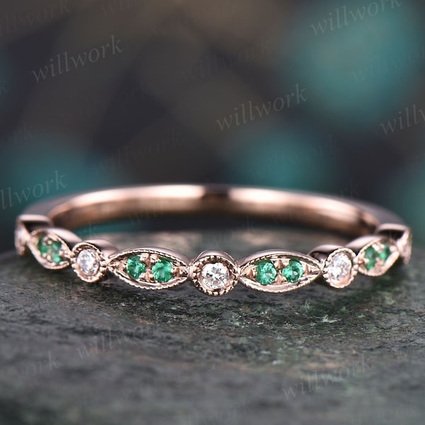 Natural emerald wedding band half eternity diamond wedding ring band vintage emerald ring for women rose gold May birthstone ring jewelry