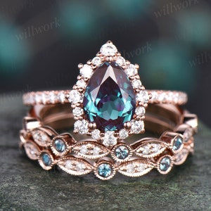 Vintage pear shaped Alexandrite engagement ring set halo rose gold ring milgrain diamond ring for women unique moissanite wedding ring set