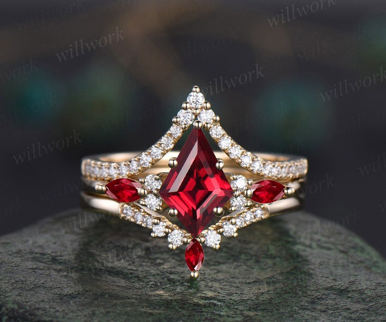 Kite cut red ruby engagement ring art deco rose gold 3pc ring set