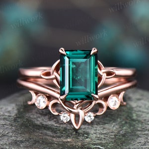 Emerald cut emerald engagement ring set rose gold solitaire unique vintage engagement ring emerald ring for women bridal wedding ring set