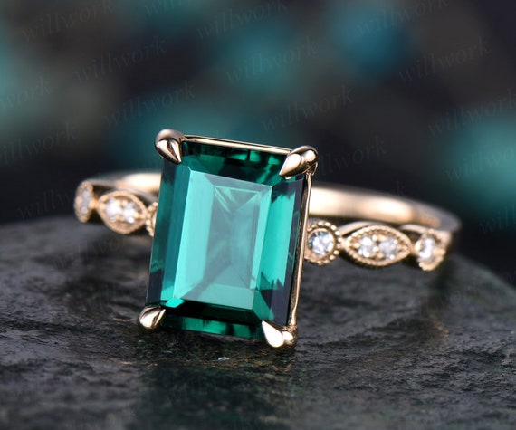 Emerald Cut Emerald Engagement Ring 14k Yellow Gold Real Diamond ...