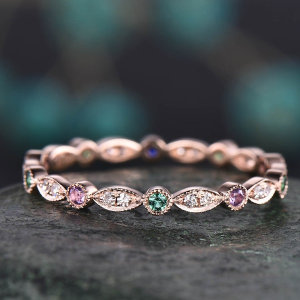 Bague de mariage avec émeraude naturelle, alliance avec diamants et améthyste de l'éternité, or rose 14 carats, empilage assorti, cadeau d'anniversaire de bague de pierre de naissance de mai