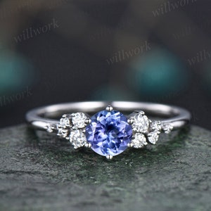 Round natural blue tanzanite ring vintage unique engagement ring 14k white gold 6 prong snowdrift diamond anniversary wedding ring for women image 5