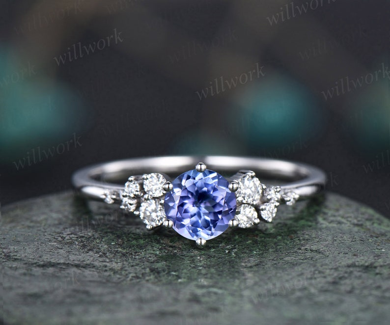 Round natural blue tanzanite ring vintage unique engagement ring 14k white gold 6 prong snowdrift diamond anniversary wedding ring for women image 5