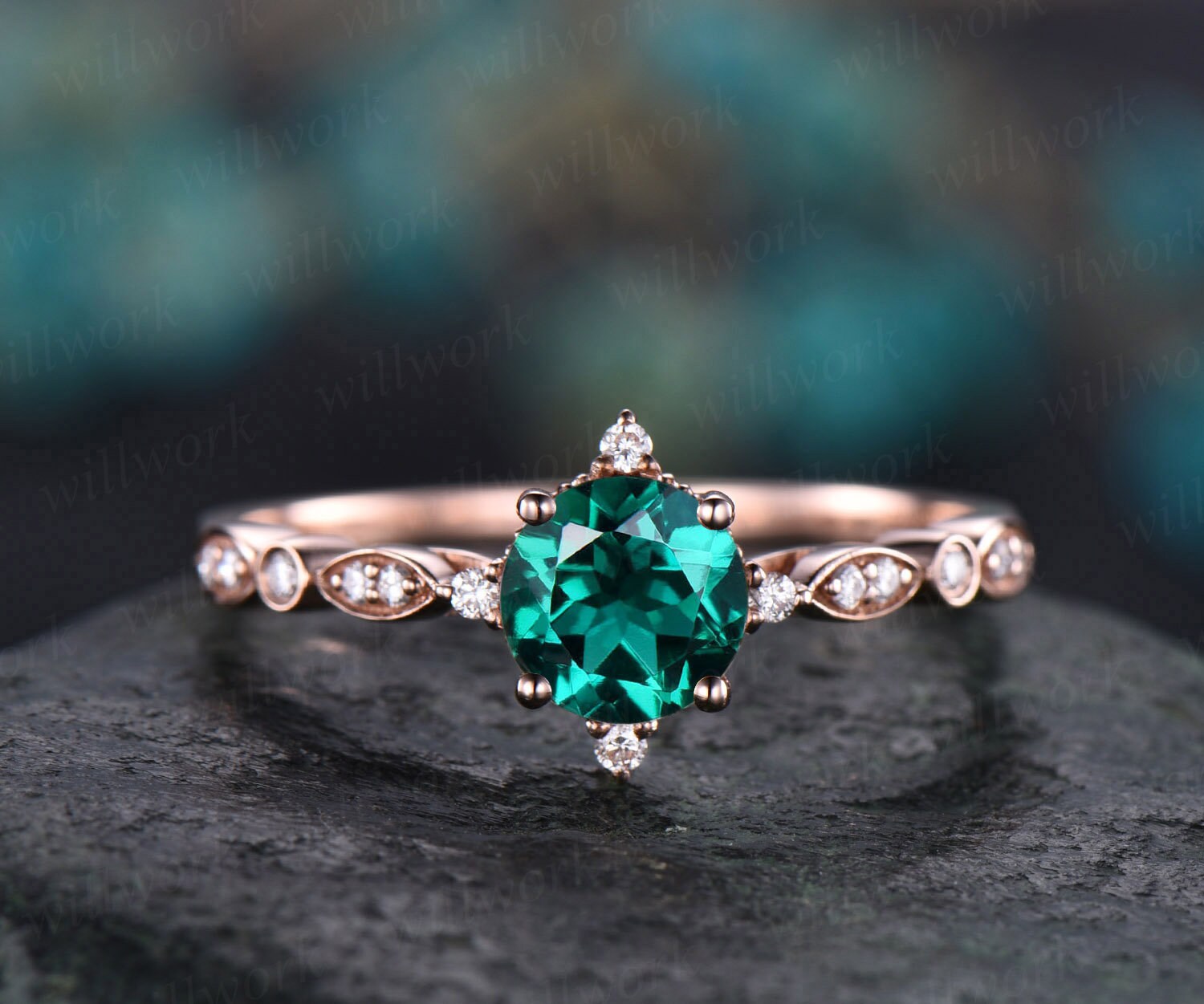 Uniuqe Vintage Green Emerald Engagement Ring 14k Yellow Rose - Etsy